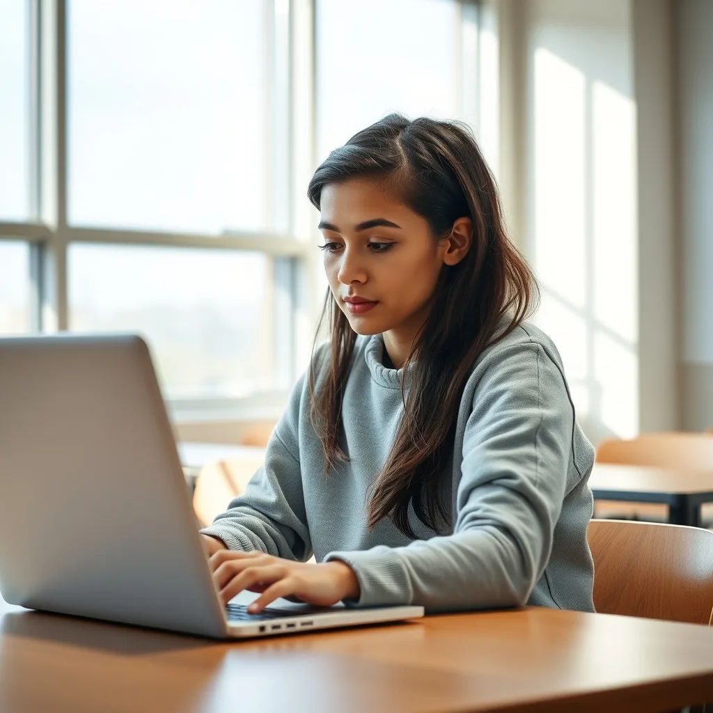 A student using a laptop to learn about AI and digital literacy in a modern classroom setting.