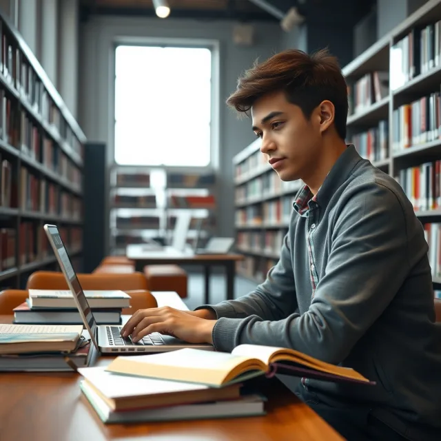 A student using AI tools on a laptop in a library setting
