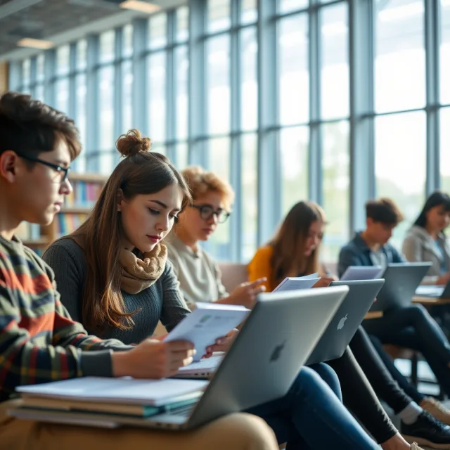 College students focusing on academic work and study habits on a modern campus