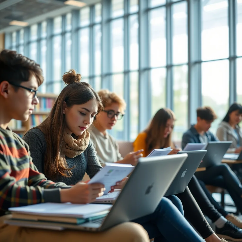 College students focusing on academic work and study habits on a modern campus