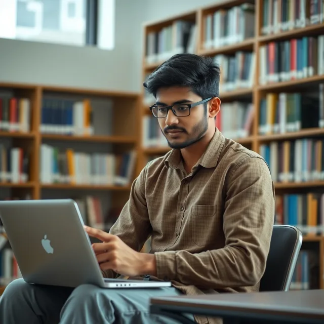 A student working on a laptop in a library to check international scholarship deadlines