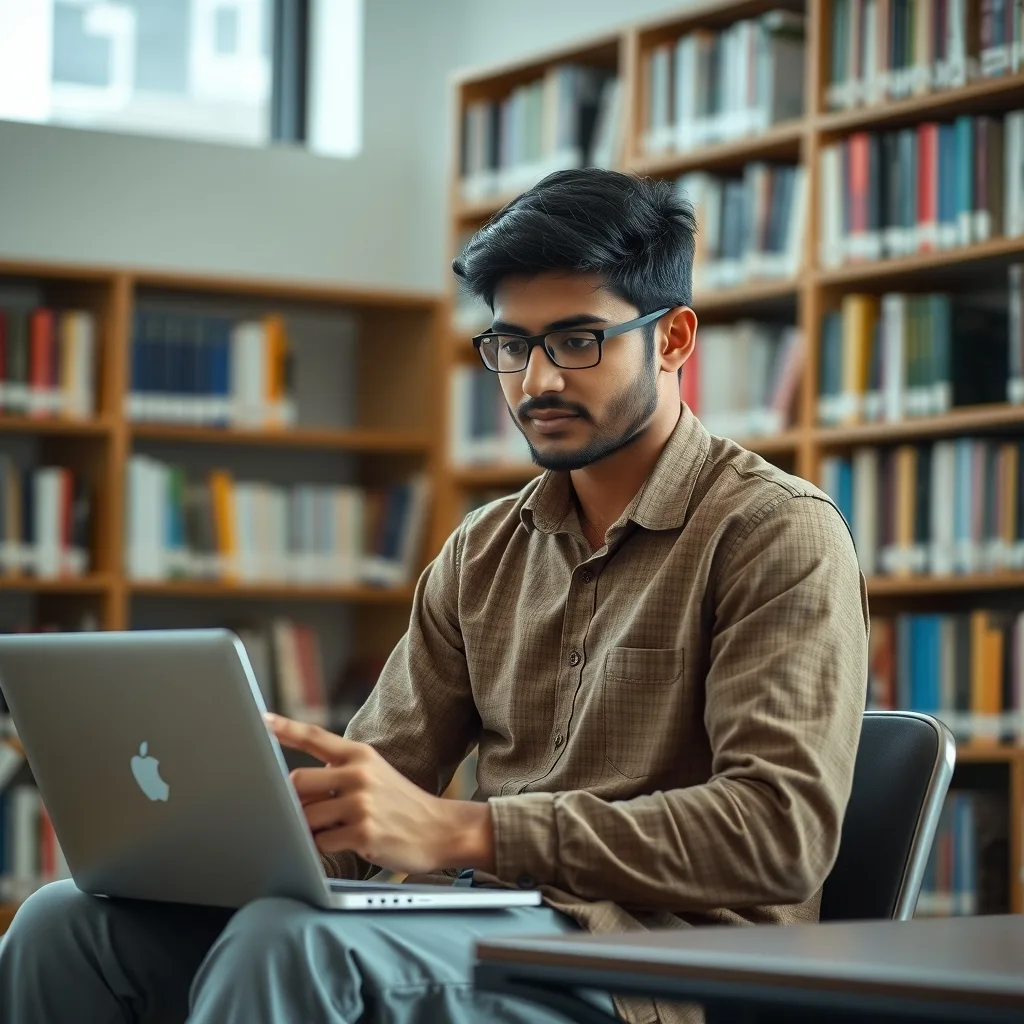 A student working on a laptop in a library to check international scholarship deadlines