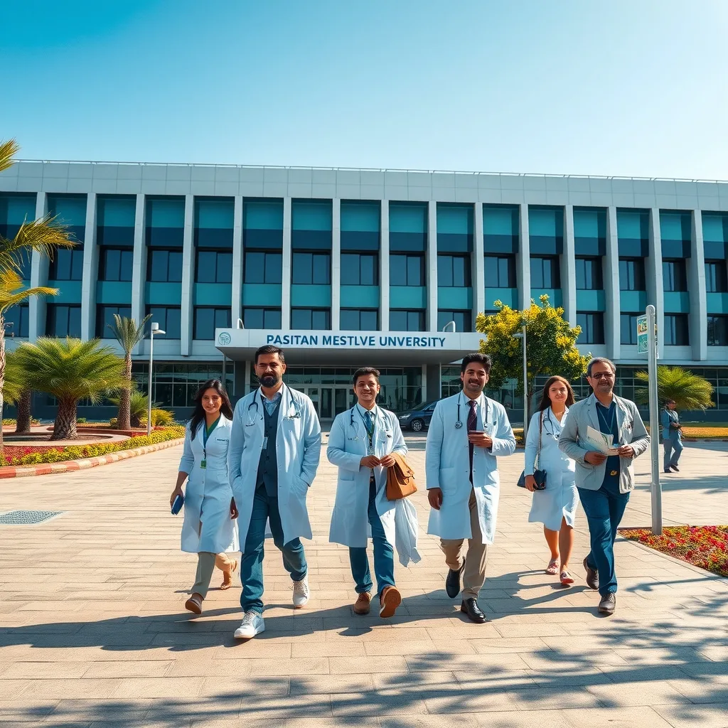Students outside a medical university building in Pakistan representing NUMS admissions