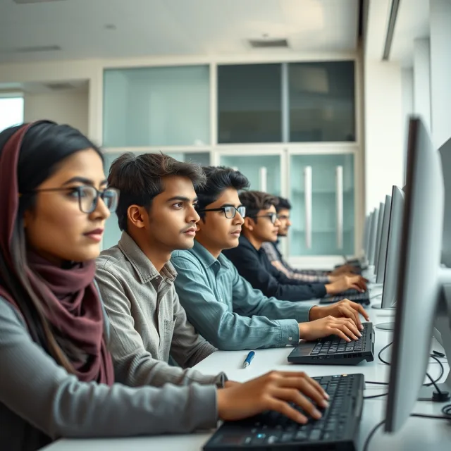 Pakistani students preparing for university entry test on computers