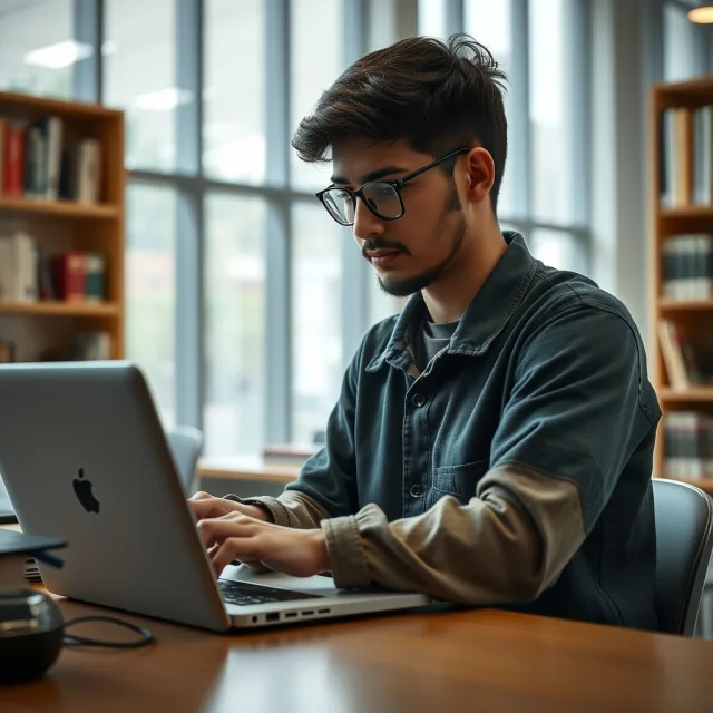 A graduate student working on a laptop at a university desk for an international fellowship