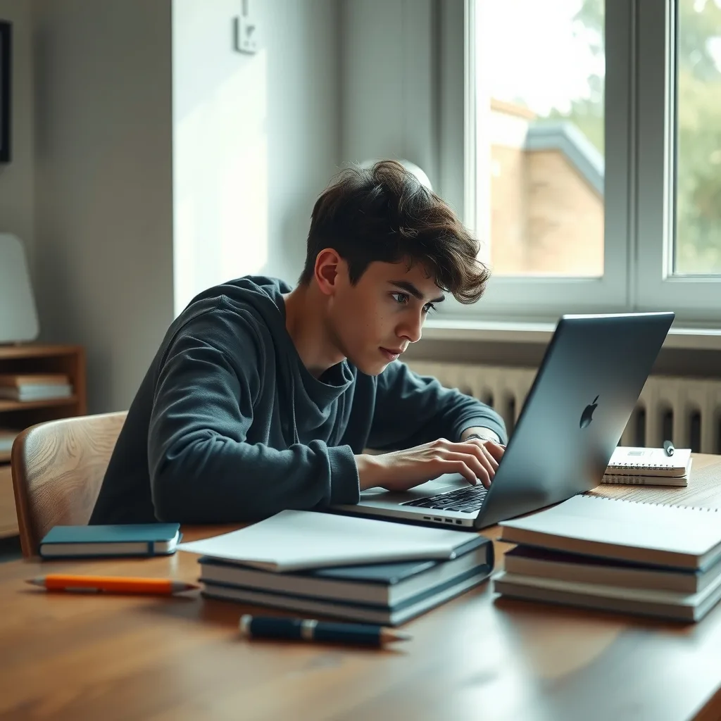 Teenage student using digital study tools on a laptop for exam preparation