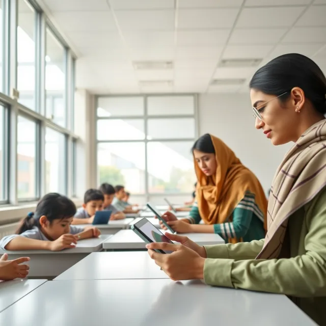 Pakistani students and teachers using digital technology in a classroom setting
