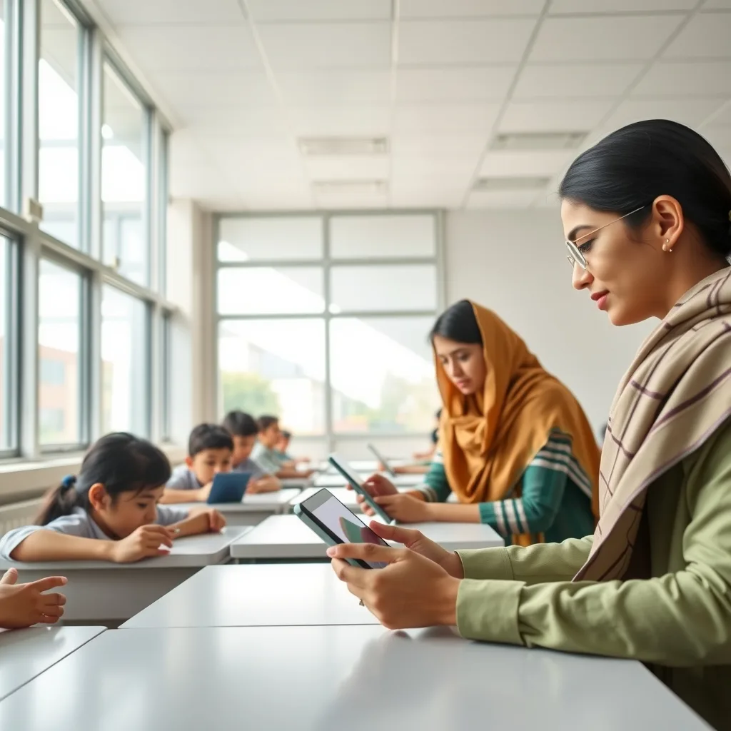 Pakistani students and teachers using digital technology in a classroom setting
