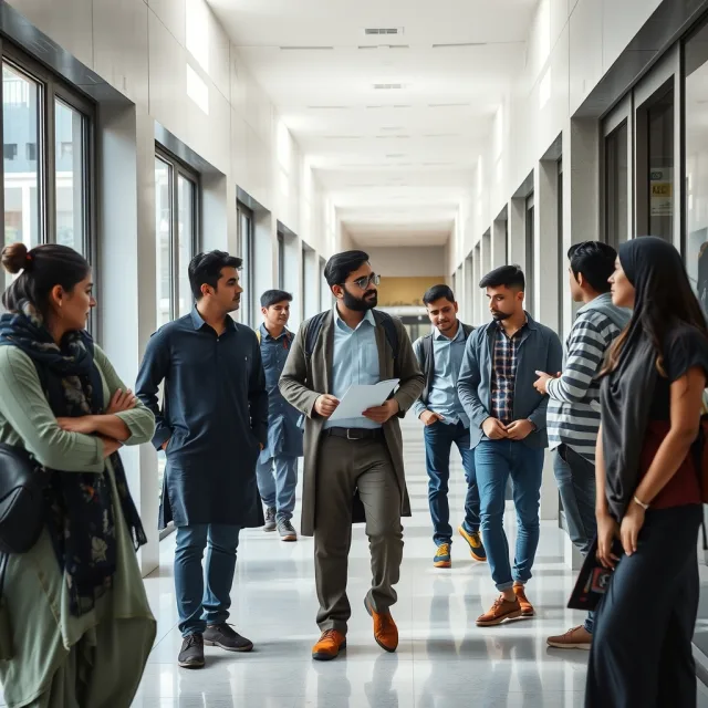 Pakistani university students discussing career updates on a modern campus
