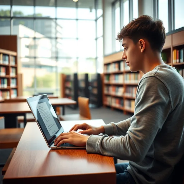 A student using a laptop for research and study guidance on AI tools.