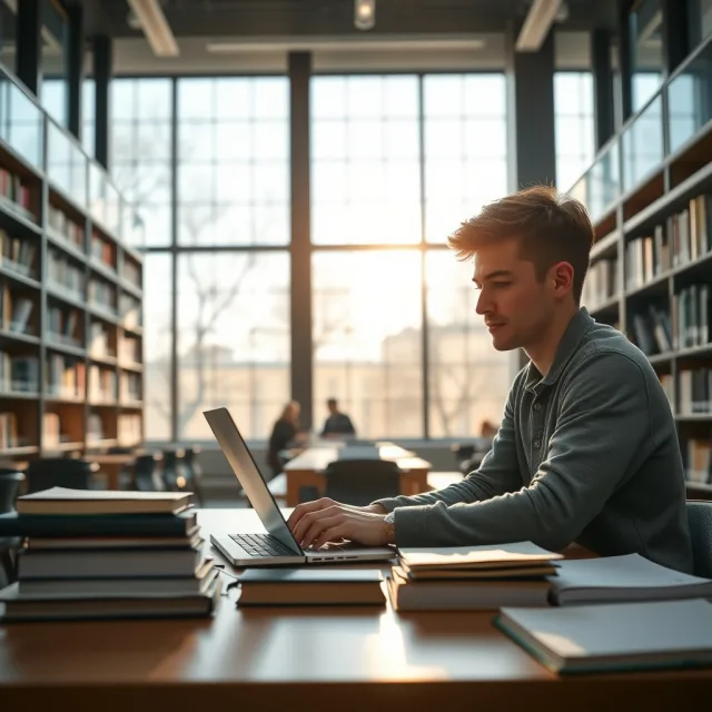 A student working on a laptop at a library desk to apply for a PhD scholarship in Canada.