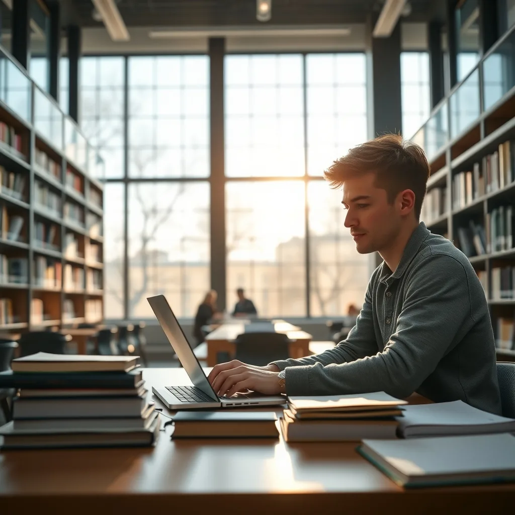 A student working on a laptop at a library desk to apply for a PhD scholarship in Canada.