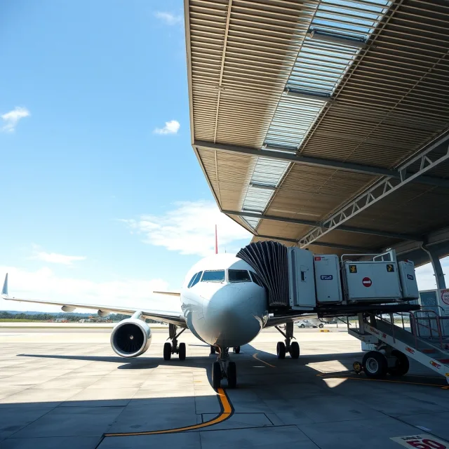 Commercial airplane parked at an airport terminal representing flight status updates