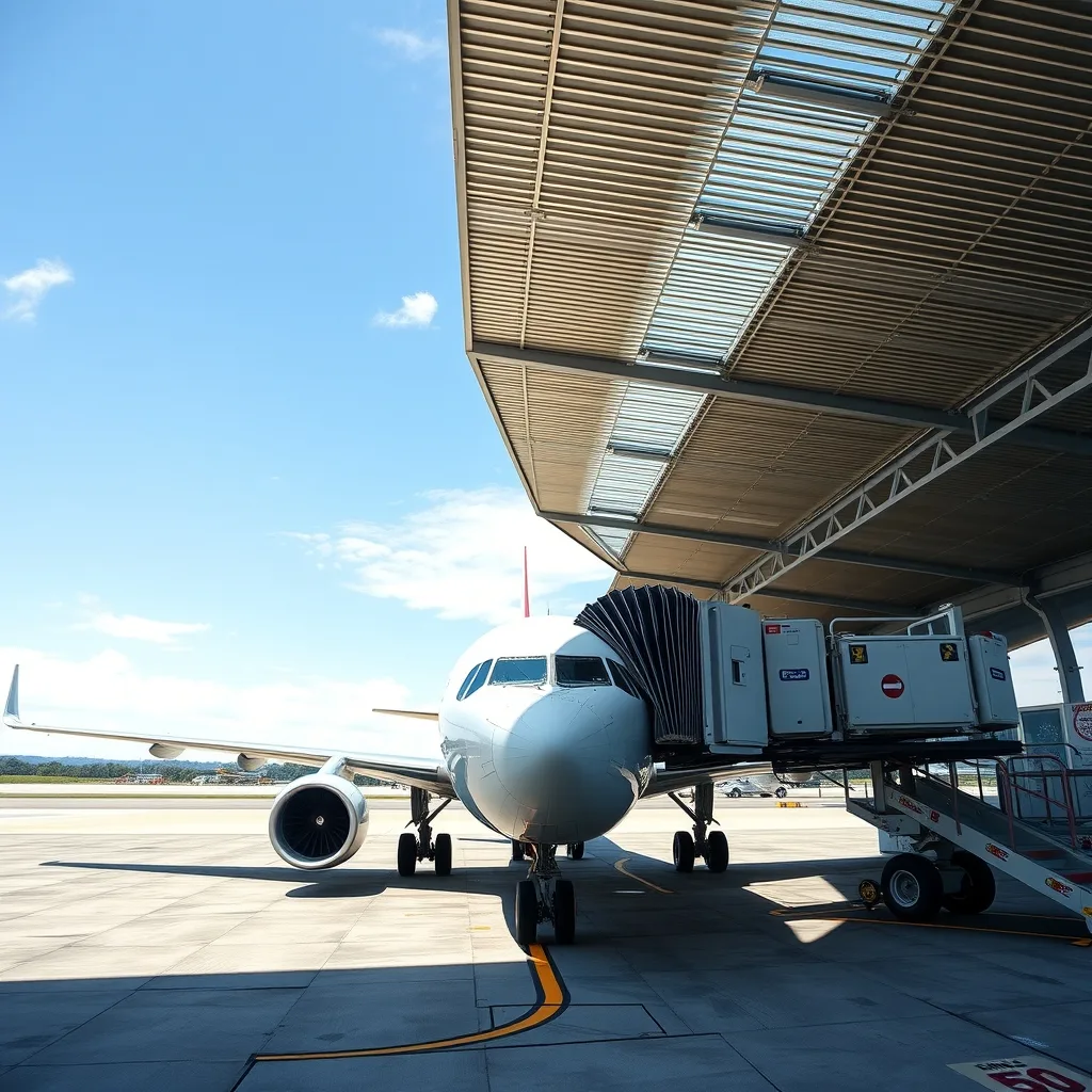 Commercial airplane parked at an airport terminal representing flight status updates