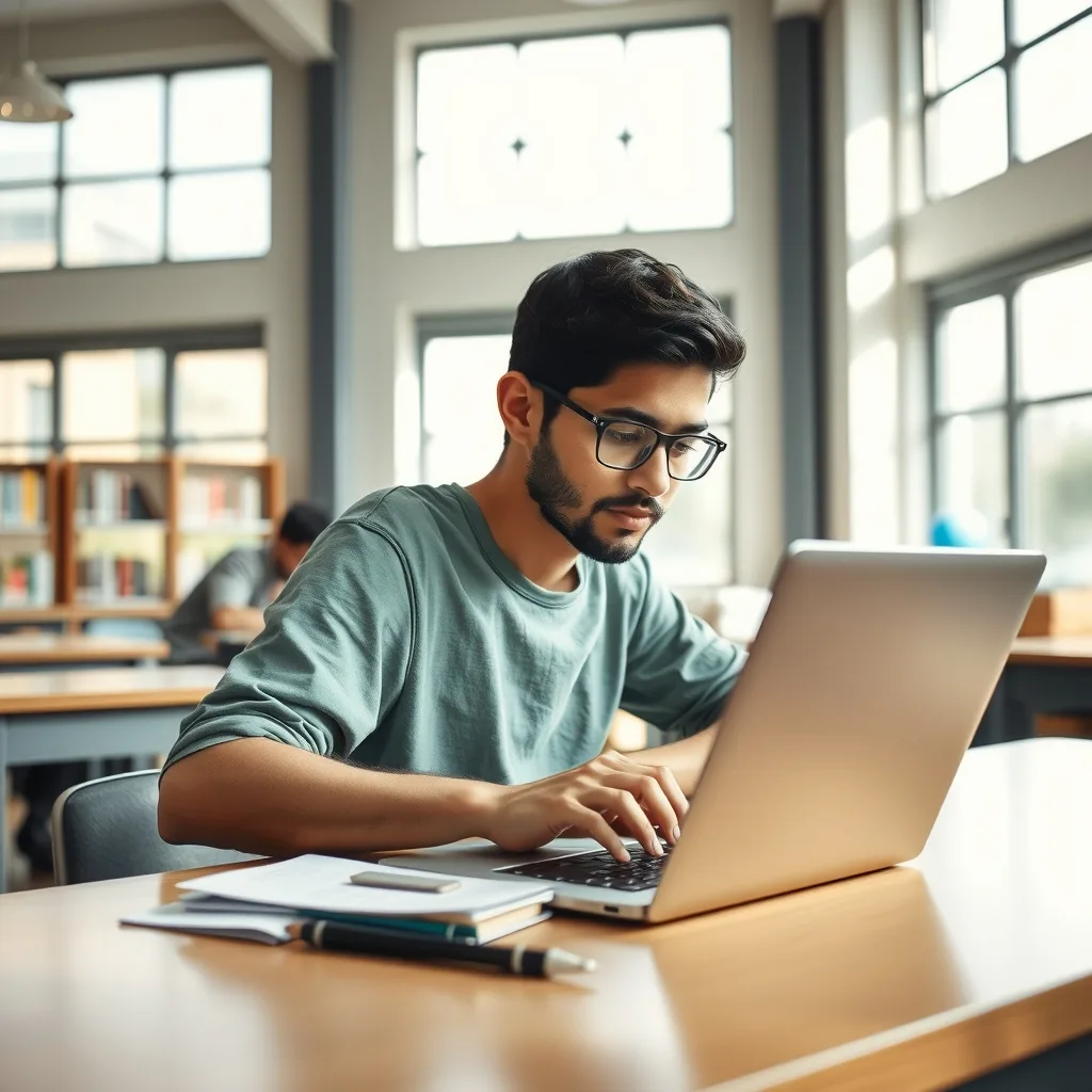 A Pakistani student using a laptop for study in a modern classroom setting.