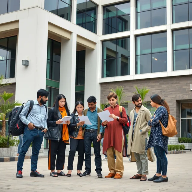 Pakistani students discussing education updates outside a modern university building in Islamabad