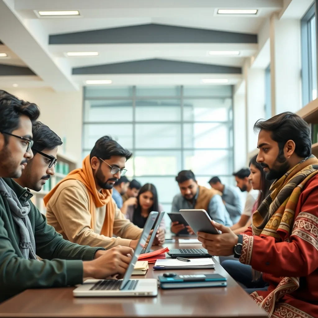 A group of Pakistani university students studying on laptops in a modern campus setting to prepare for the AI-first industry.