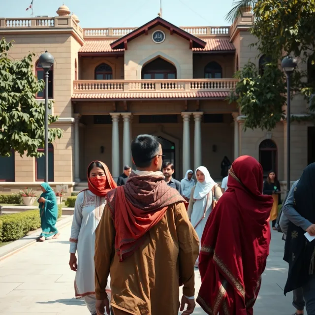 Students walking outside a academic building at Punjab University Lahore