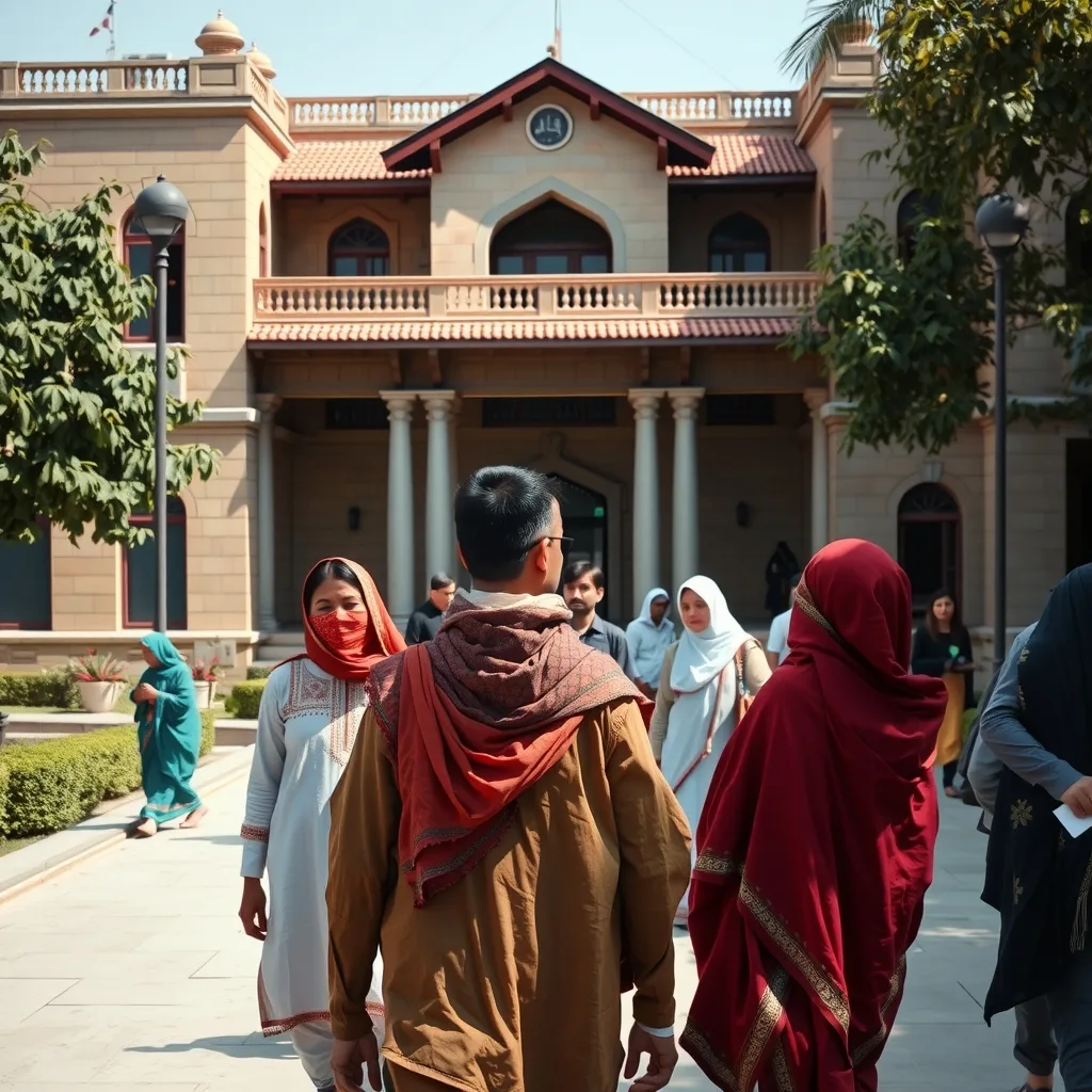 Students walking outside a academic building at Punjab University Lahore