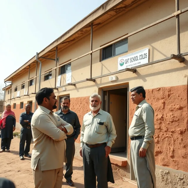 Exterior view of a school building in Pakistan during a safety inspection