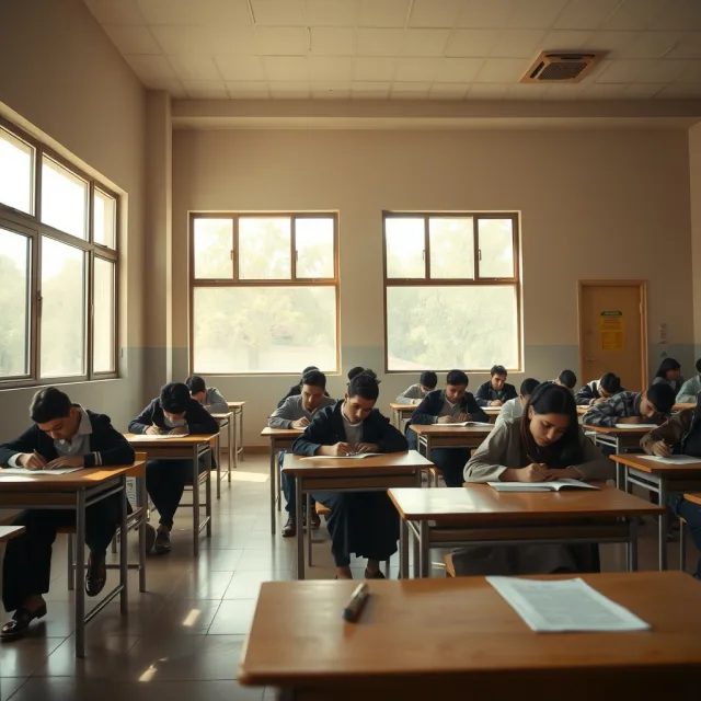 Students sitting in a board examination hall in Punjab, Pakistan
