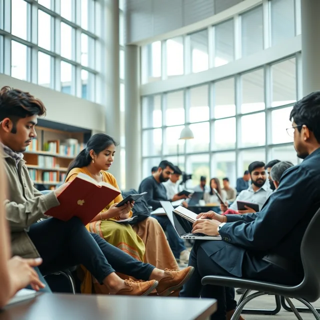 Pakistani university students reviewing scholarship documents