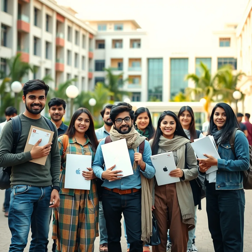 Students gathering on a university campus in Punjab for scholarship and laptop distribution