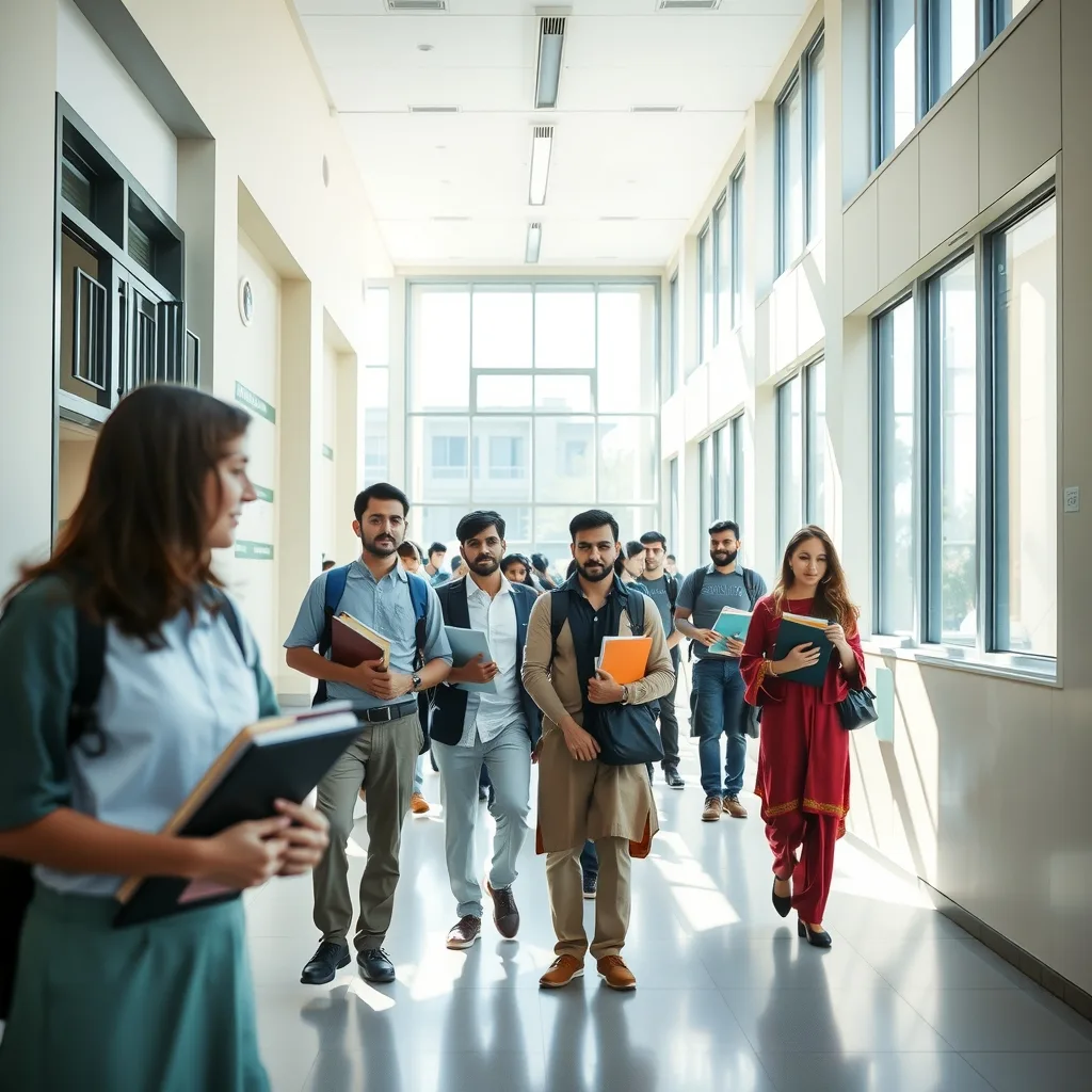 Pakistani medical students walking in a modern university campus corridor