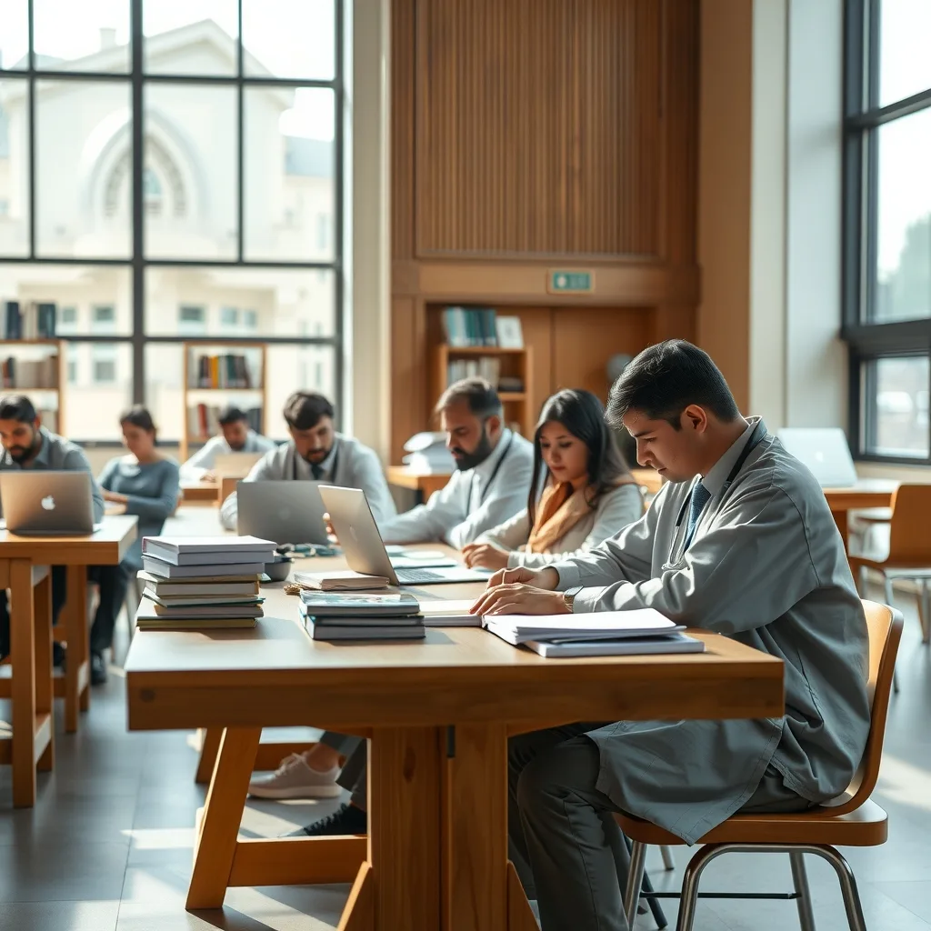 Pakistani medical students studying in a university library setting