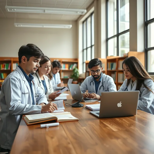 Pakistani medical students studying at a university library