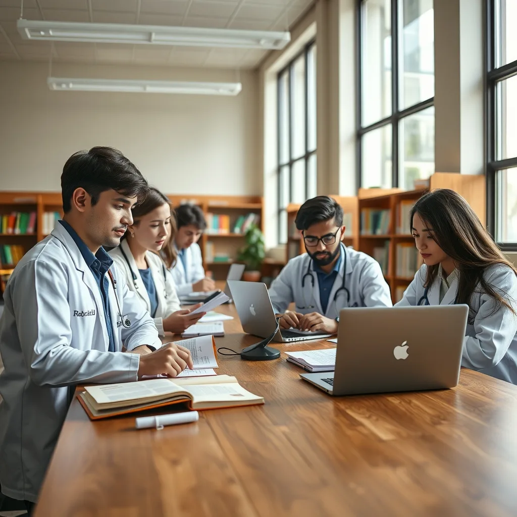 Pakistani medical students studying at a university library