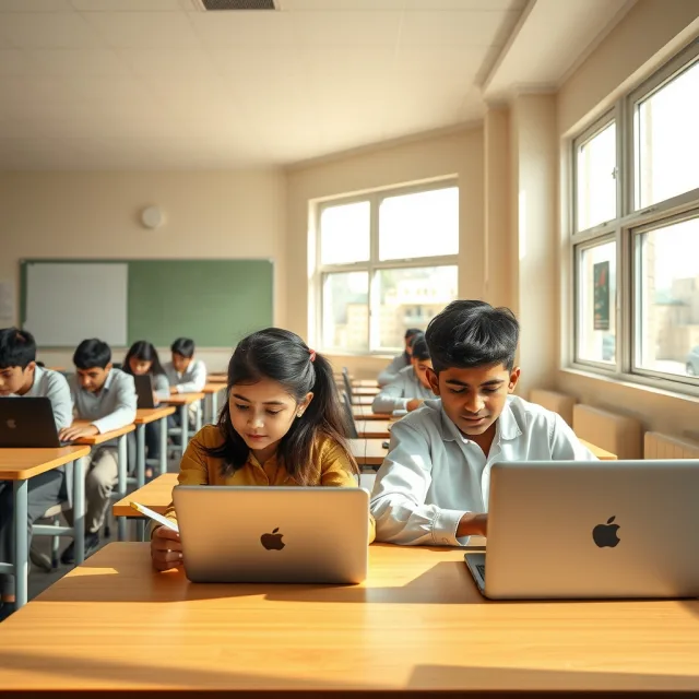 Pakistani students in a modern classroom setting learning about technology