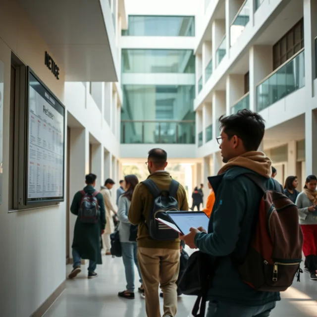 Students checking university merit lists at a modern campus