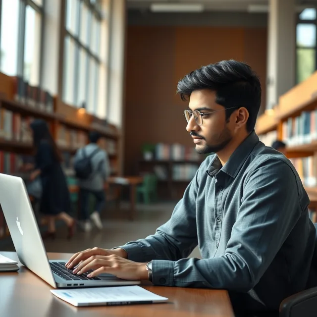 Pakistani university students reviewing scholarship opportunities on a laptop