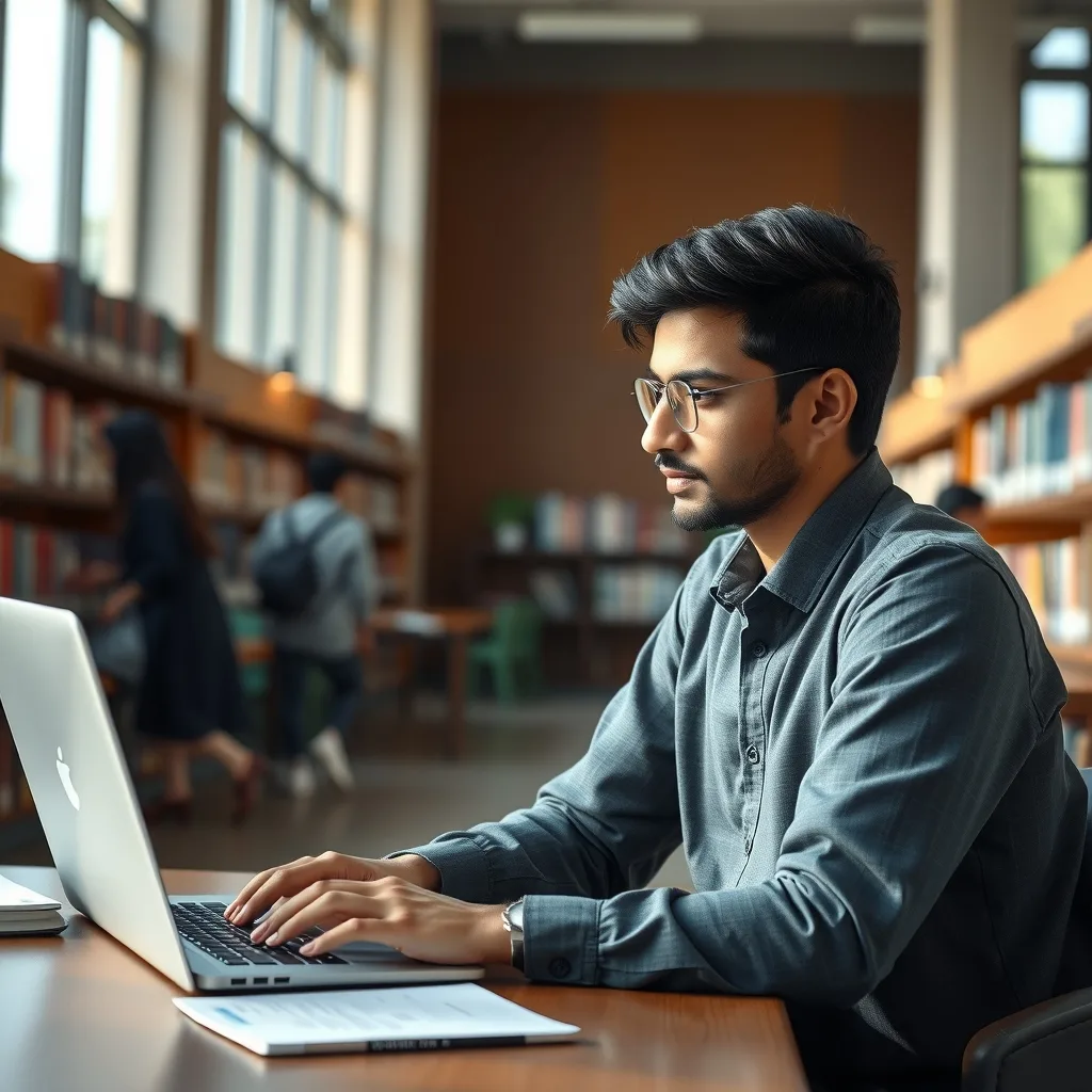 Pakistani university students reviewing scholarship opportunities on a laptop