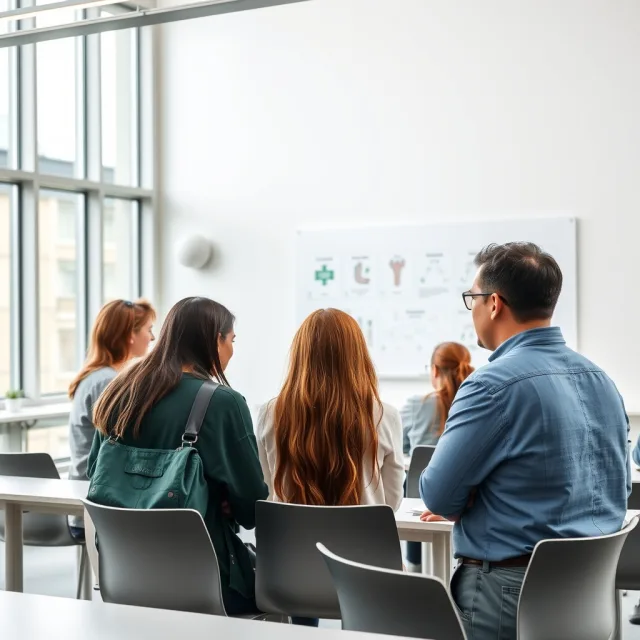 Students studying public health concepts in a modern university setting