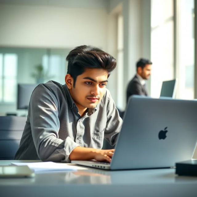 Young Pakistani student working on a laptop in an office environment
