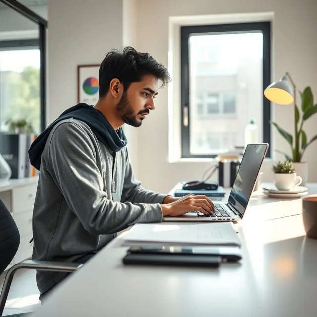 A young graduate working on a laptop in a professional office setting in Pakistan.