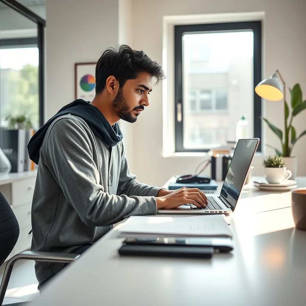 A young graduate working on a laptop in a professional office setting in Pakistan.