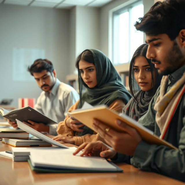 Pakistani students reviewing documents in a library setting