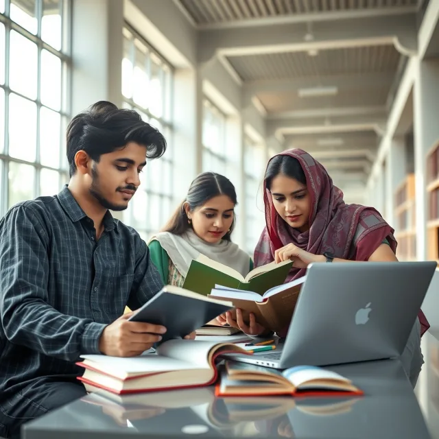 Pakistani students researching at a university library for the Sindh Talent Hunt Program