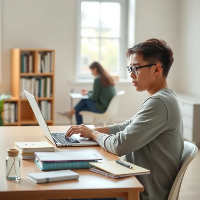 A student working on a laptop researching study abroad options