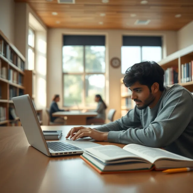 A student using a laptop and notes to study for university exams.