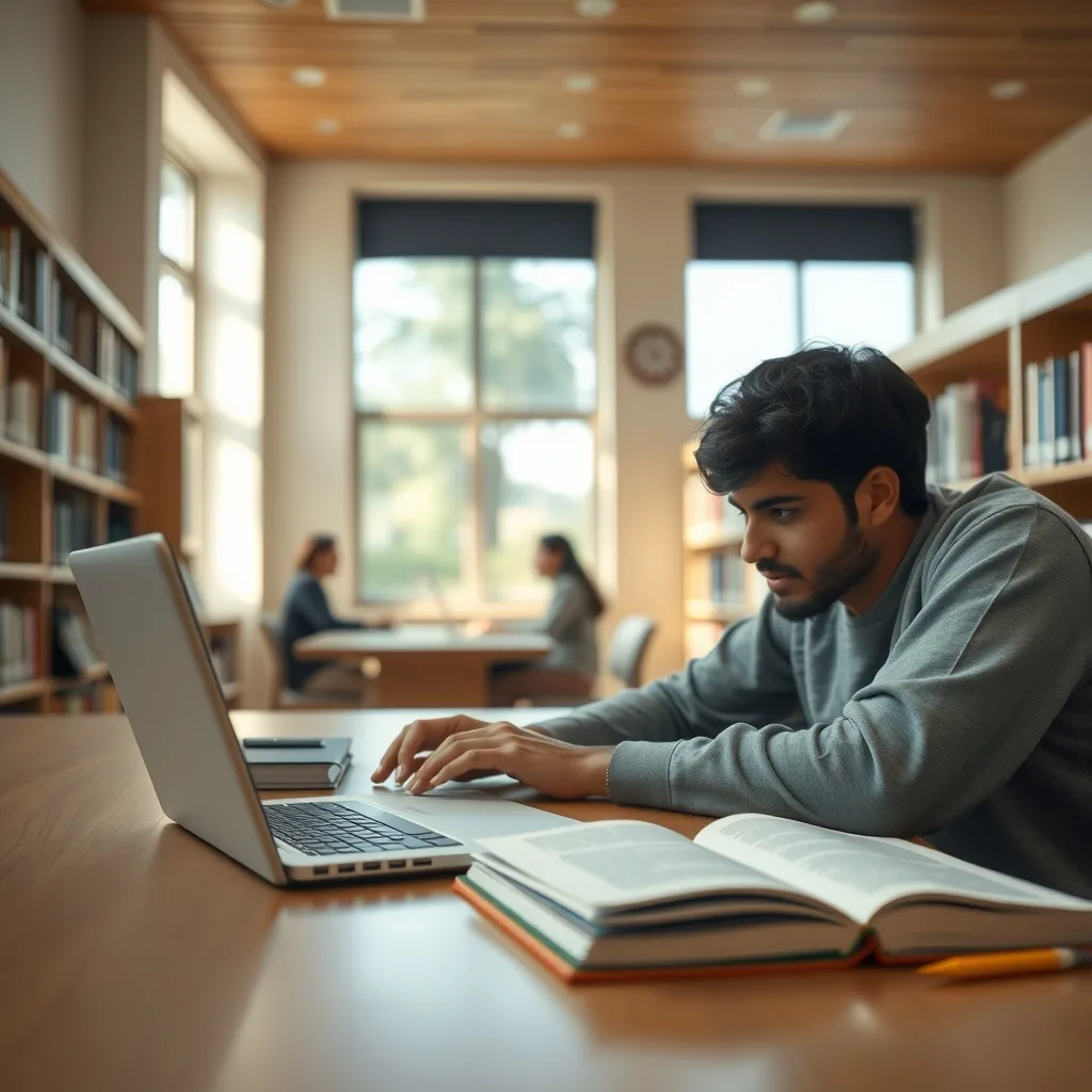 A student using a laptop and notes to study for university exams.