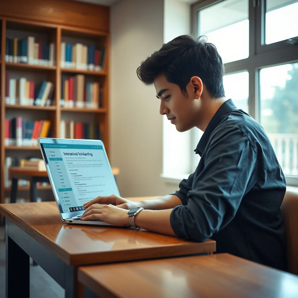 Pakistani student reviewing scholarship documents and university updates on a laptop.