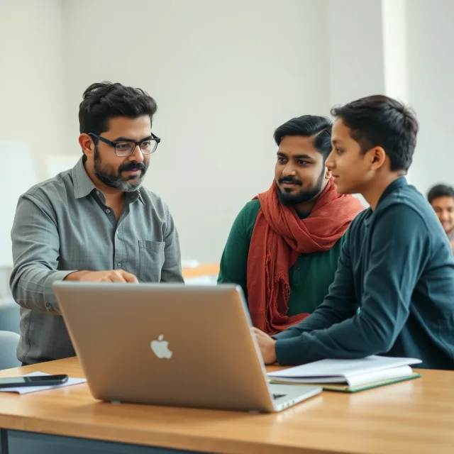 A teacher mentoring a student in a classroom setting to represent the evolving teacher role in the age of AI.