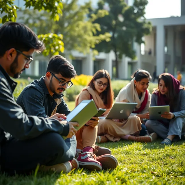 Pakistani university students using digital tools and laptops on campus