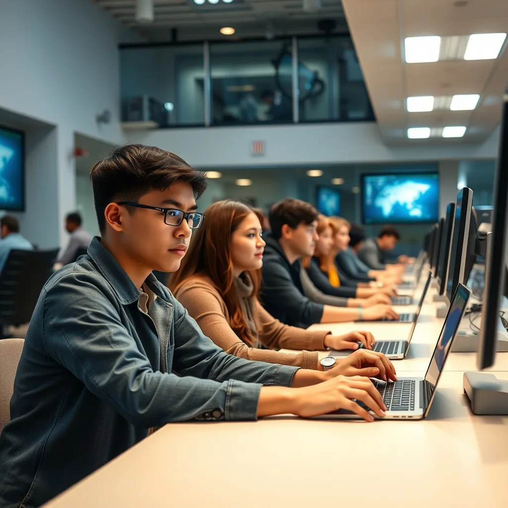 Students working on computers in a modern university lab discussing technology policy