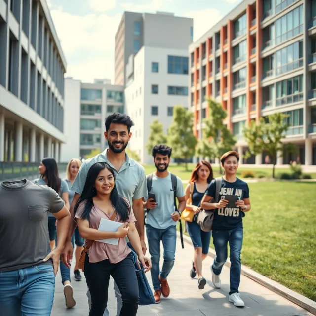 Students walking on a modern university campus while discussing master's degree opportunities abroad.