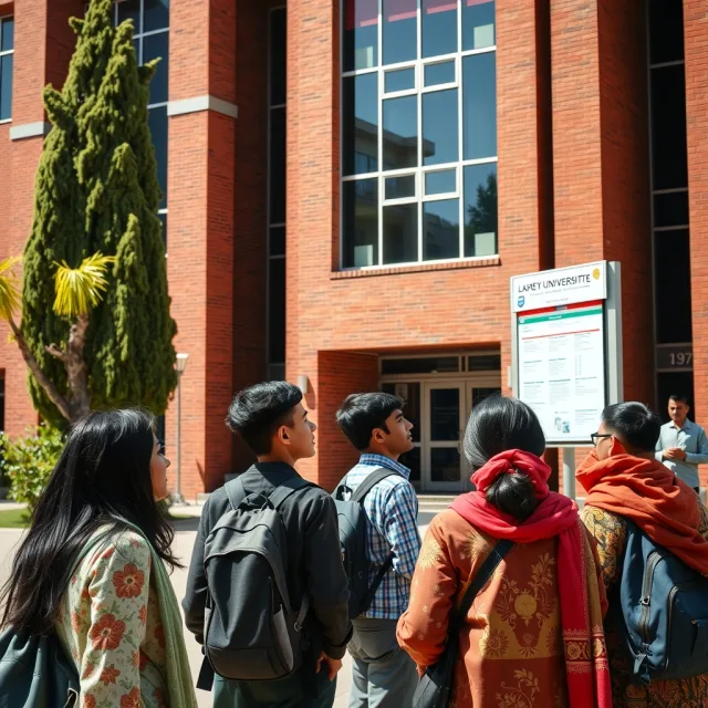 Students outside a university department building in Lahore waiting for admission updates
